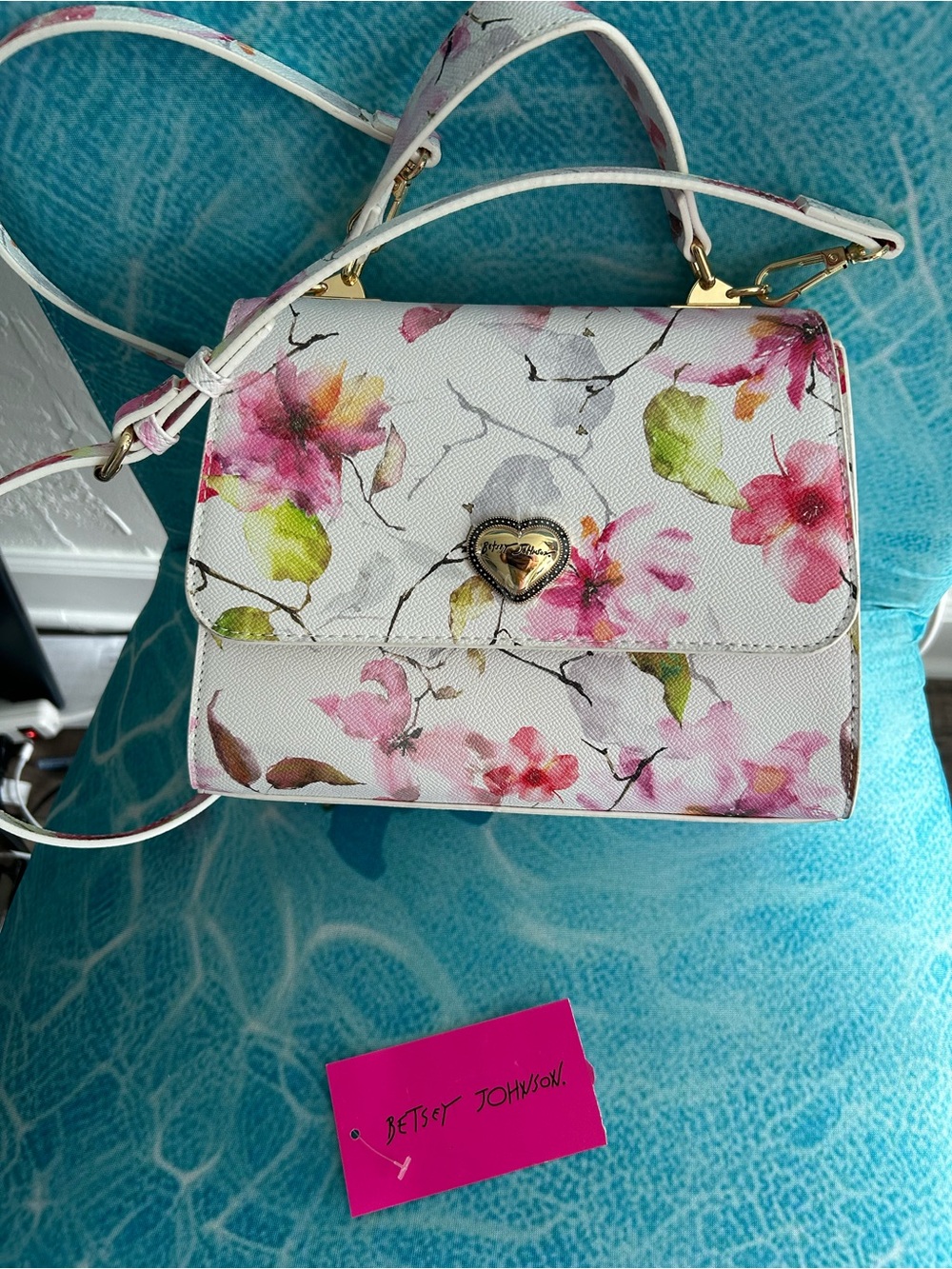 Betsey Johnson White Floral Crossbody with Gold Heart Detail
